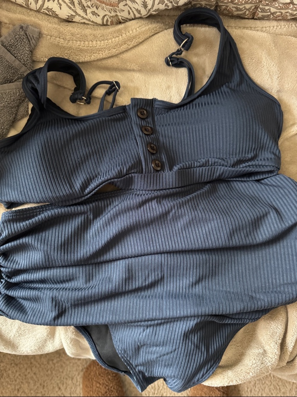 Ribbed Navy Two-Piece Swim Set with Button Front